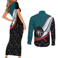 Personalised Aotearoa Lawn Bowls Couples Matching Short Sleeve Bodycon Dress and Long Sleeve Button Shirt Maori and Silver Fern Sporty Style Teal Color LT03 - Polynesian Pride