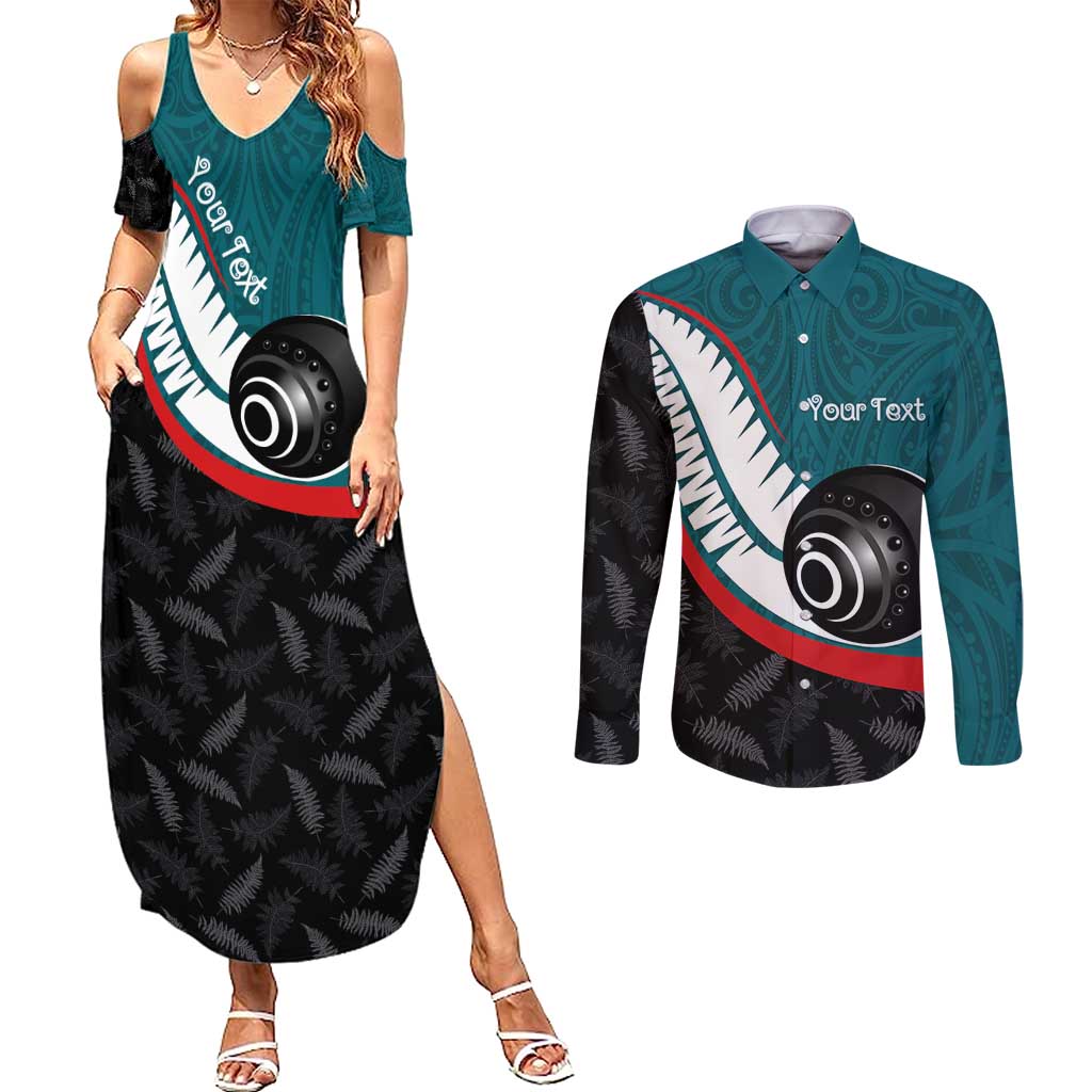Personalised Aotearoa Lawn Bowls Couples Matching Summer Maxi Dress and Long Sleeve Button Shirt Maori and Silver Fern Sporty Style Teal Color LT03 Teal - Polynesian Pride