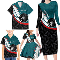 Personalised Aotearoa Lawn Bowls Family Matching Long Sleeve Bodycon Dress and Hawaiian Shirt Maori and Silver Fern Sporty Style Teal Color LT03 - Polynesian Pride