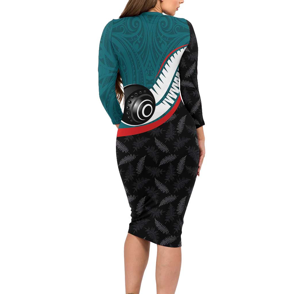 Personalised Aotearoa Lawn Bowls Family Matching Long Sleeve Bodycon Dress and Hawaiian Shirt Maori and Silver Fern Sporty Style Teal Color LT03 - Polynesian Pride