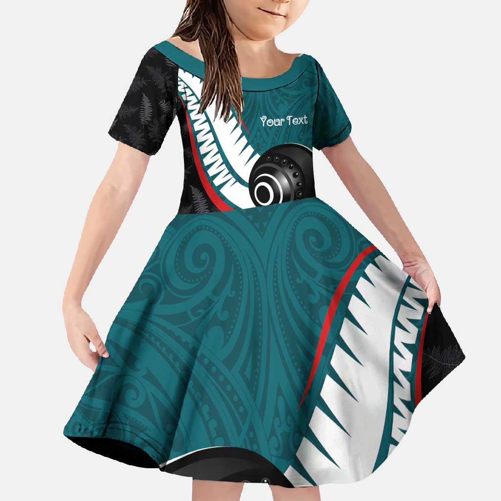 Personalised Aotearoa Lawn Bowls Family Matching Off Shoulder Maxi Dress and Hawaiian Shirt Maori and Silver Fern Sporty Style Teal Color LT03 Daughter's Dress Teal - Polynesian Pride