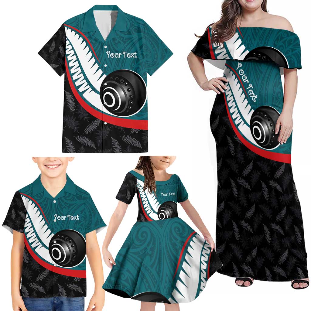 Personalised Aotearoa Lawn Bowls Family Matching Off Shoulder Maxi Dress and Hawaiian Shirt Maori and Silver Fern Sporty Style Teal Color LT03 - Polynesian Pride
