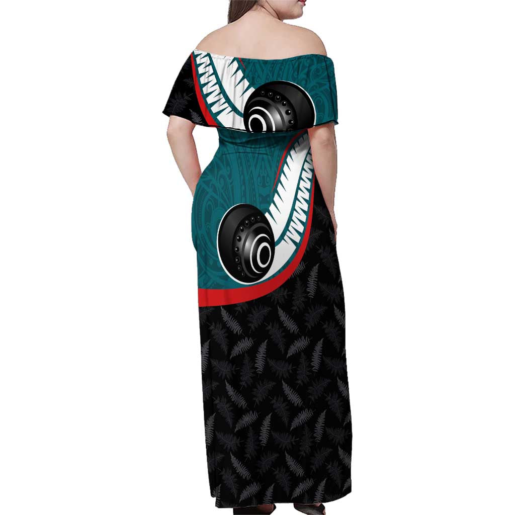 Personalised Aotearoa Lawn Bowls Family Matching Off Shoulder Maxi Dress and Hawaiian Shirt Maori and Silver Fern Sporty Style Teal Color LT03 - Polynesian Pride