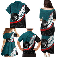 Personalised Aotearoa Lawn Bowls Family Matching Puletasi and Hawaiian Shirt Maori and Silver Fern Sporty Style Teal Color LT03 - Polynesian Pride