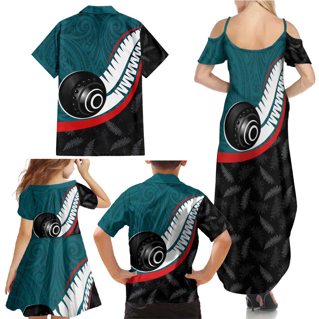 Personalised Aotearoa Lawn Bowls Family Matching Summer Maxi Dress and Hawaiian Shirt Maori and Silver Fern Sporty Style Teal Color LT03 - Polynesian Pride
