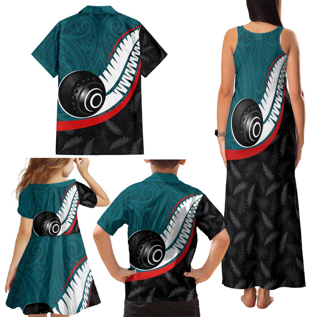 Personalised Aotearoa Lawn Bowls Family Matching Tank Maxi Dress and Hawaiian Shirt Maori and Silver Fern Sporty Style Teal Color LT03 - Polynesian Pride