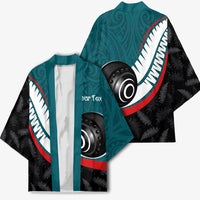 Personalised Aotearoa Lawn Bowls Kimono Maori and Silver Fern Sporty Style Teal Color LT03 - Polynesian Pride