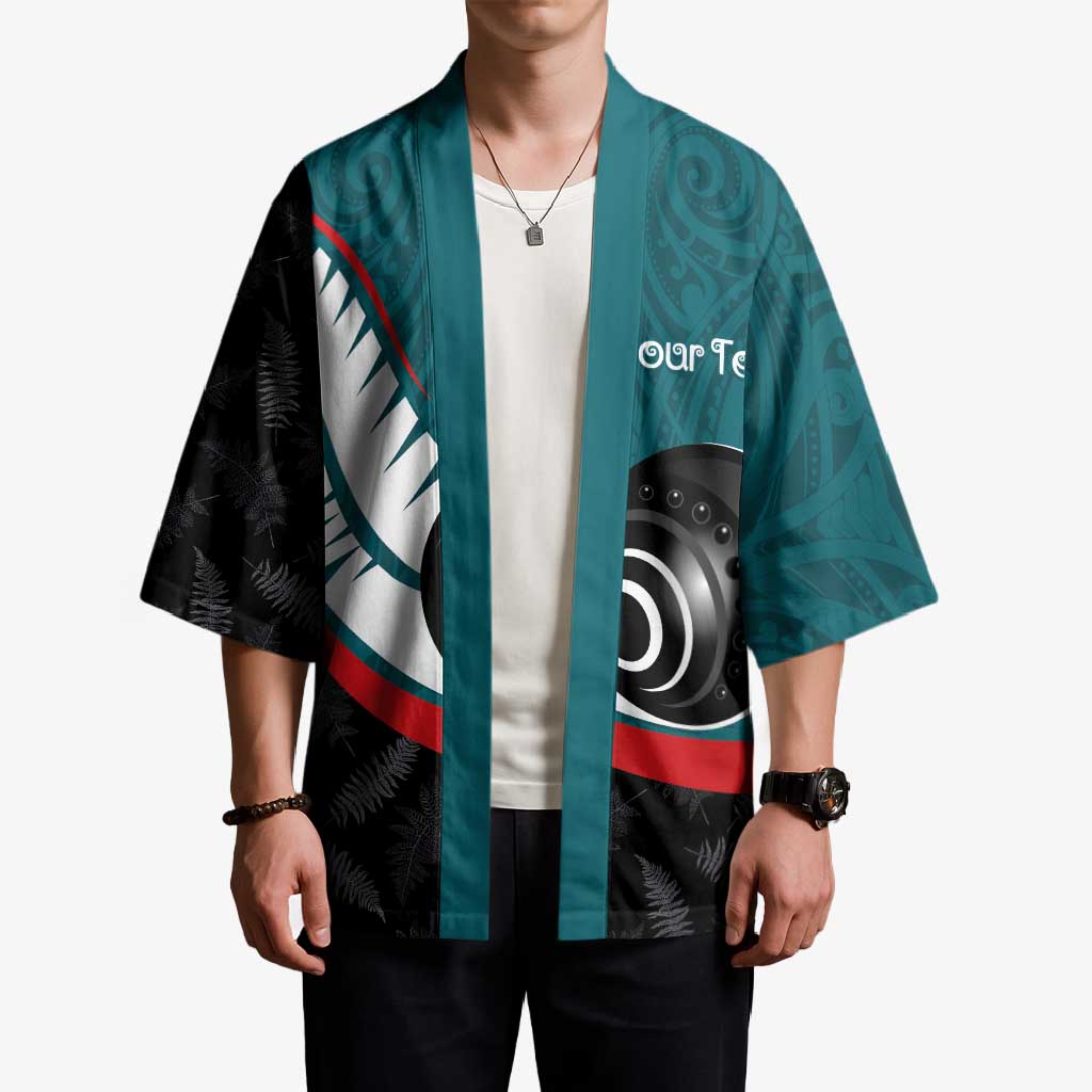 Personalised Aotearoa Lawn Bowls Kimono Maori and Silver Fern Sporty Style Teal Color LT03 - Polynesian Pride