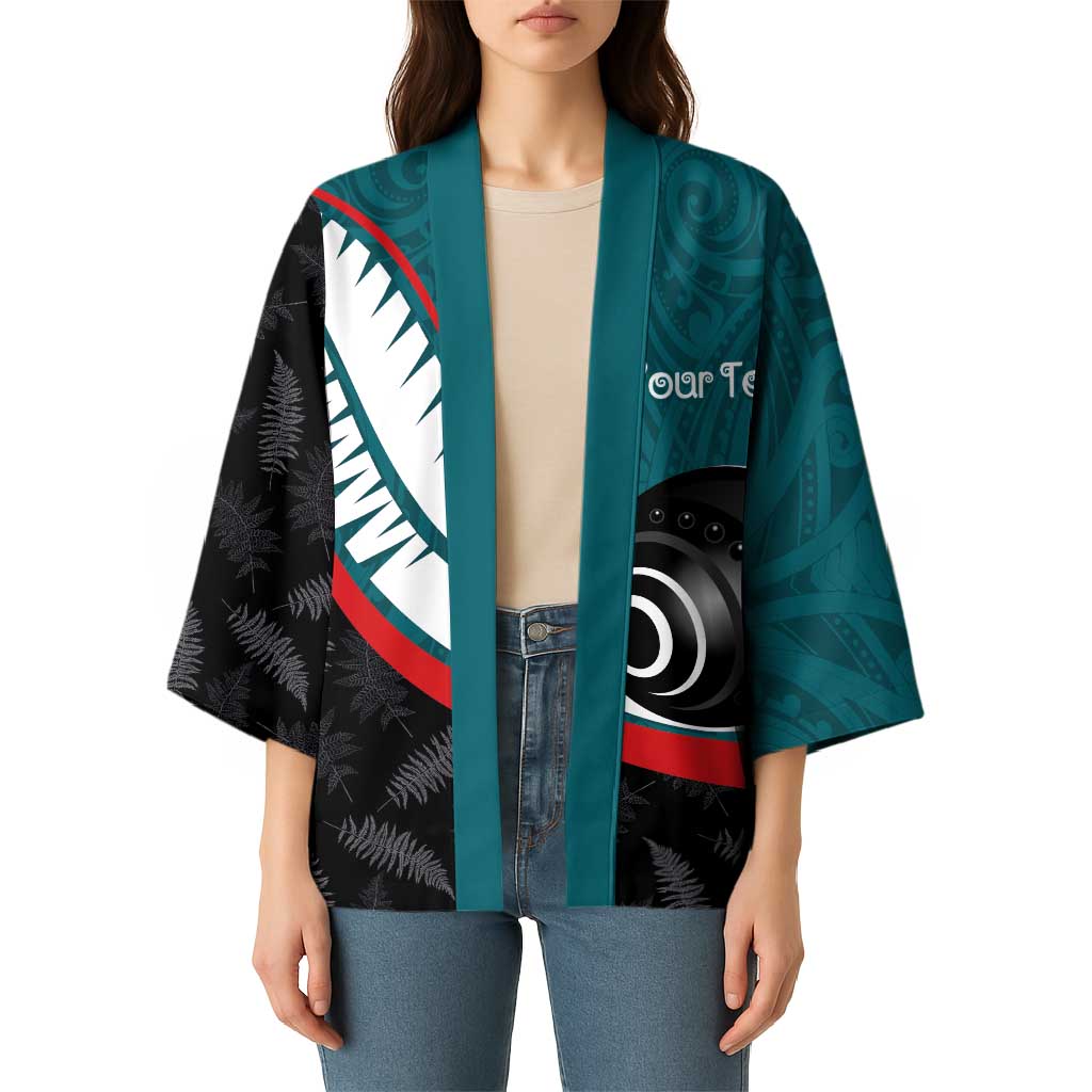 Personalised Aotearoa Lawn Bowls Kimono Maori and Silver Fern Sporty Style Teal Color LT03 - Polynesian Pride