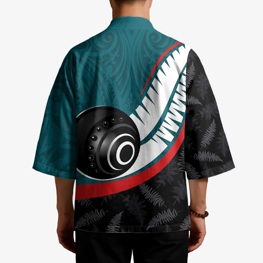 Personalised Aotearoa Lawn Bowls Kimono Maori and Silver Fern Sporty Style Teal Color LT03 - Polynesian Pride