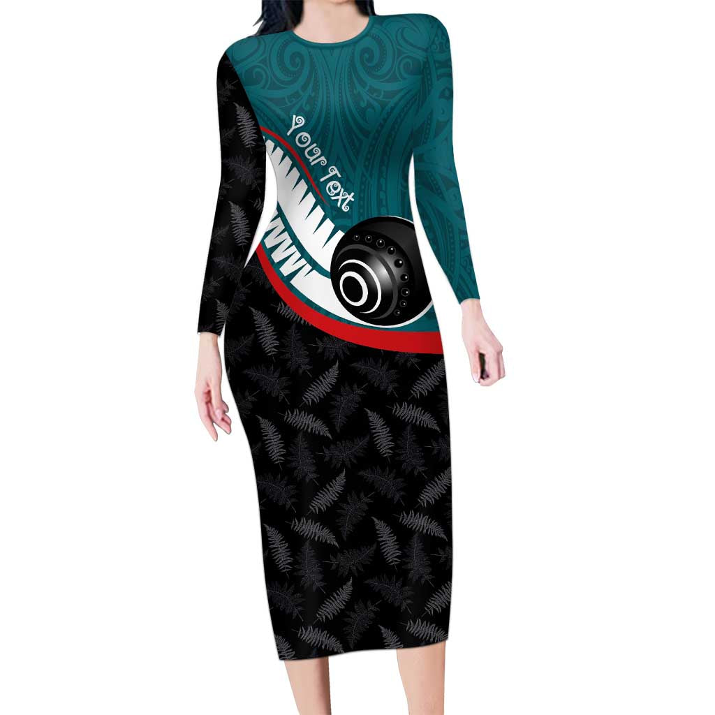 Personalised Aotearoa Lawn Bowls Long Sleeve Bodycon Dress Maori and Silver Fern Sporty Style Teal Color LT03 Long Dress Teal - Polynesian Pride