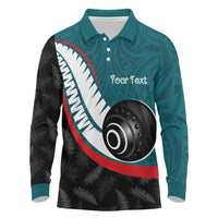 Personalised Aotearoa Lawn Bowls Long Sleeve Polo Shirt Maori and Silver Fern Sporty Style Teal Color LT03 Teal - Polynesian Pride