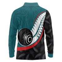 Personalised Aotearoa Lawn Bowls Long Sleeve Polo Shirt Maori and Silver Fern Sporty Style Teal Color LT03 - Polynesian Pride