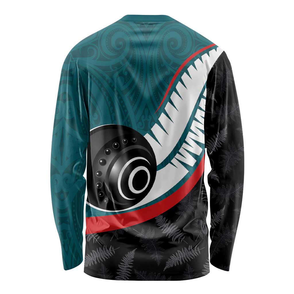 Personalised Aotearoa Lawn Bowls Long Sleeve Shirt Maori and Silver Fern Sporty Style Teal Color LT03 - Polynesian Pride