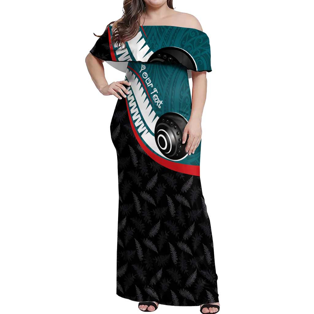 Personalised Aotearoa Lawn Bowls Off Shoulder Maxi Dress Maori and Silver Fern Sporty Style Teal Color LT03 Women Teal - Polynesian Pride