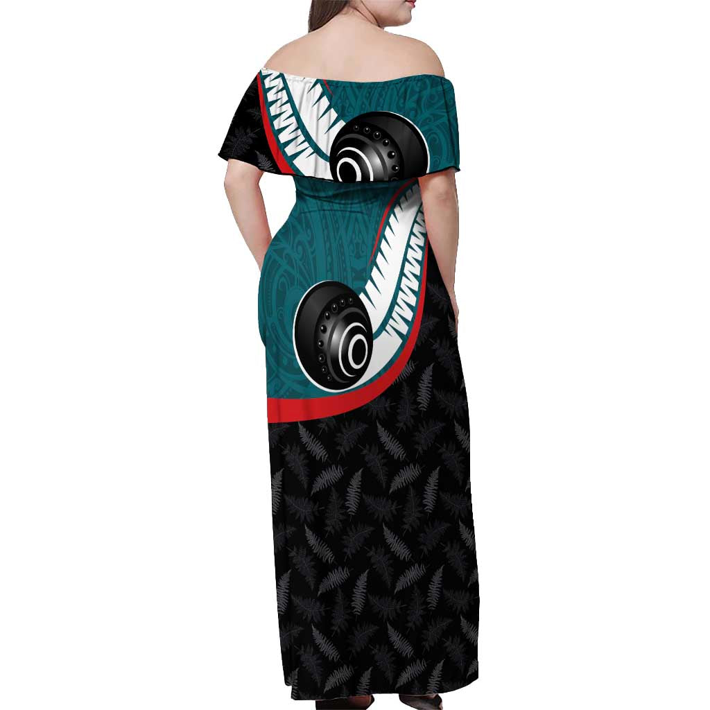 Personalised Aotearoa Lawn Bowls Off Shoulder Maxi Dress Maori and Silver Fern Sporty Style Teal Color LT03 - Polynesian Pride
