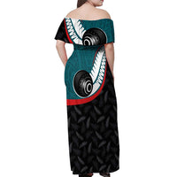 Personalised Aotearoa Lawn Bowls Off Shoulder Maxi Dress Maori and Silver Fern Sporty Style Teal Color LT03 - Polynesian Pride