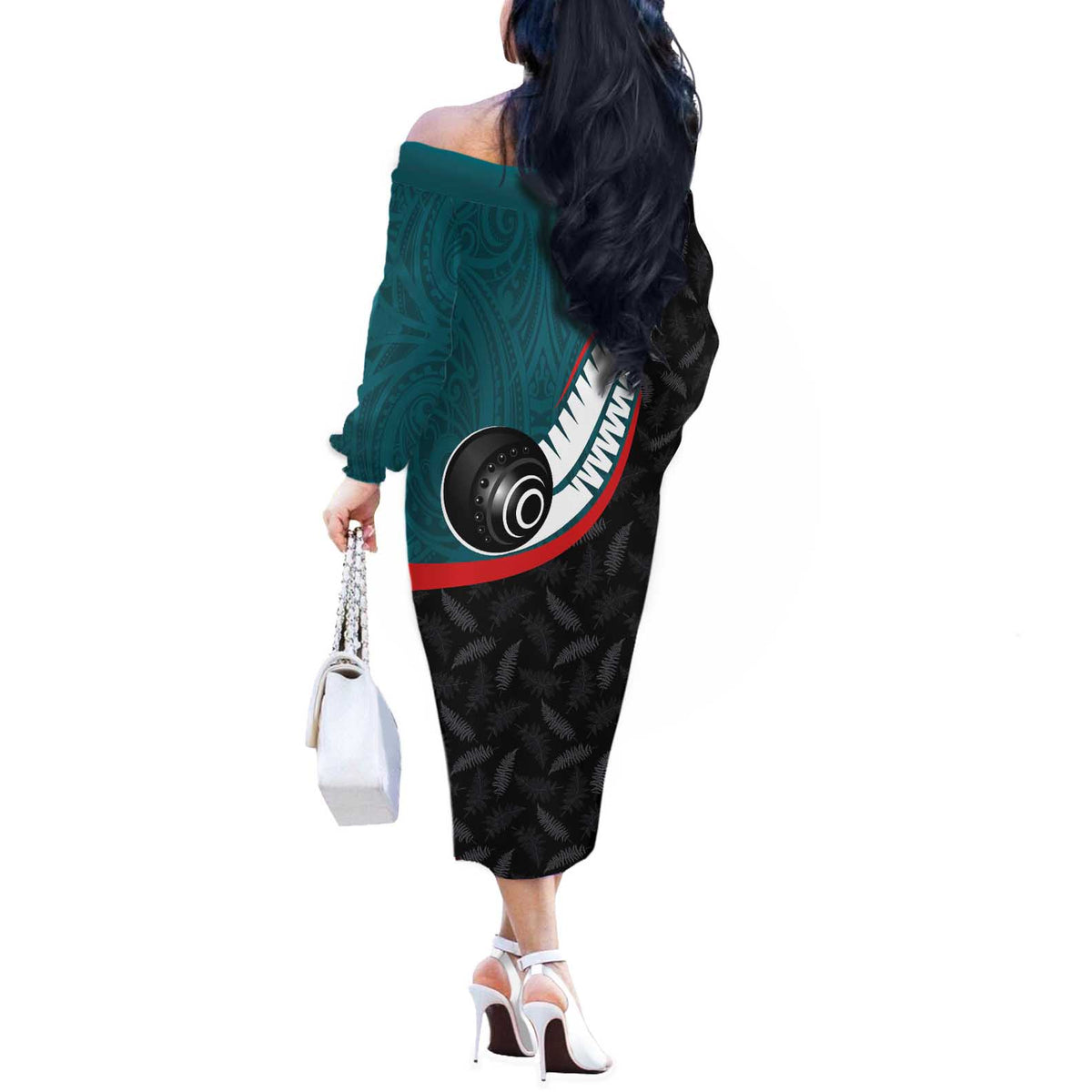 Personalised Aotearoa Lawn Bowls Off The Shoulder Long Sleeve Dress Maori and Silver Fern Sporty Style Teal Color LT03 - Polynesian Pride