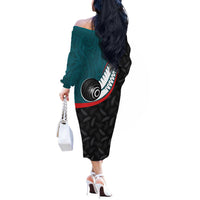 Personalised Aotearoa Lawn Bowls Off The Shoulder Long Sleeve Dress Maori and Silver Fern Sporty Style Teal Color LT03 - Polynesian Pride