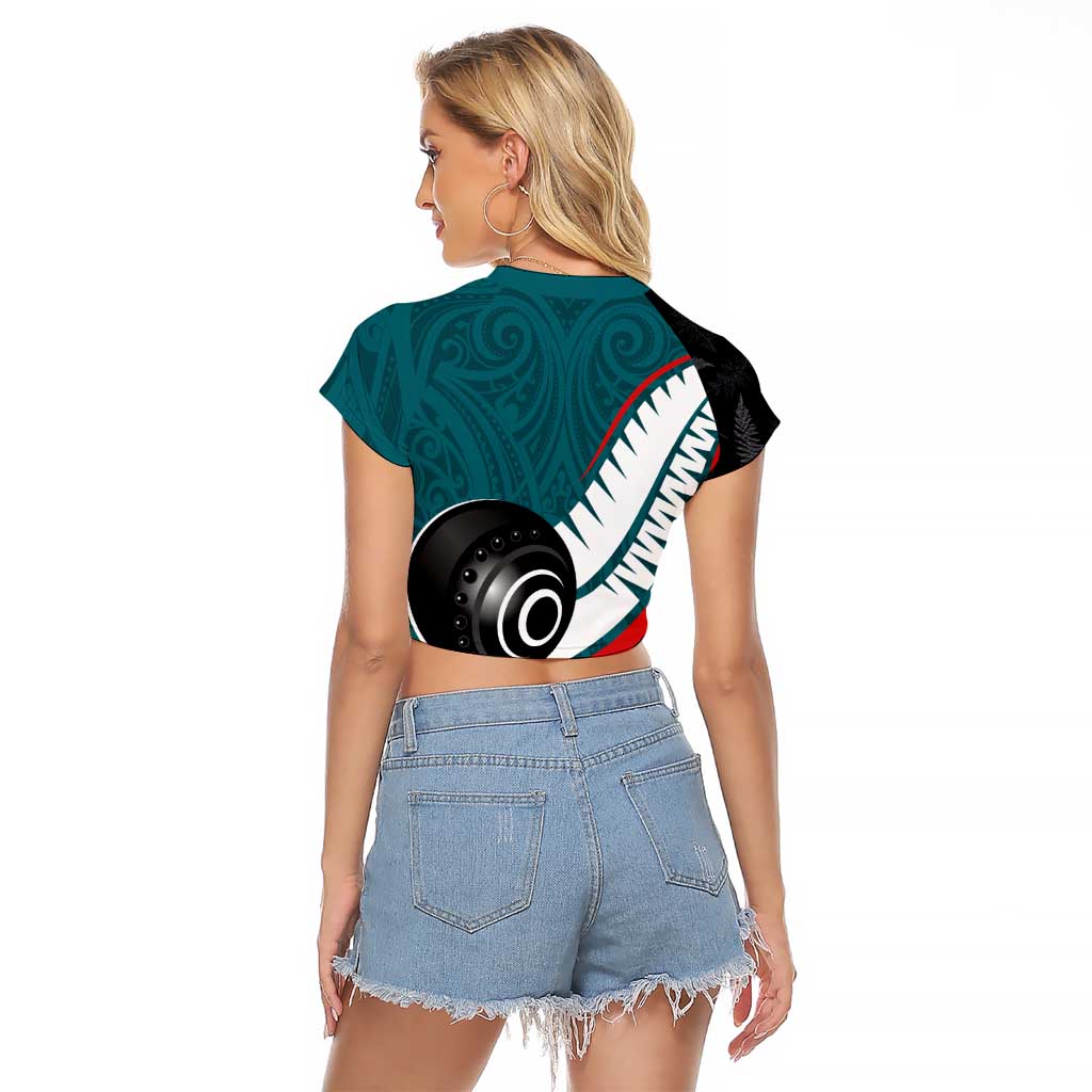 Personalised Aotearoa Lawn Bowls Raglan Cropped T Shirt Maori and Silver Fern Sporty Style Teal Color LT03 - Polynesian Pride