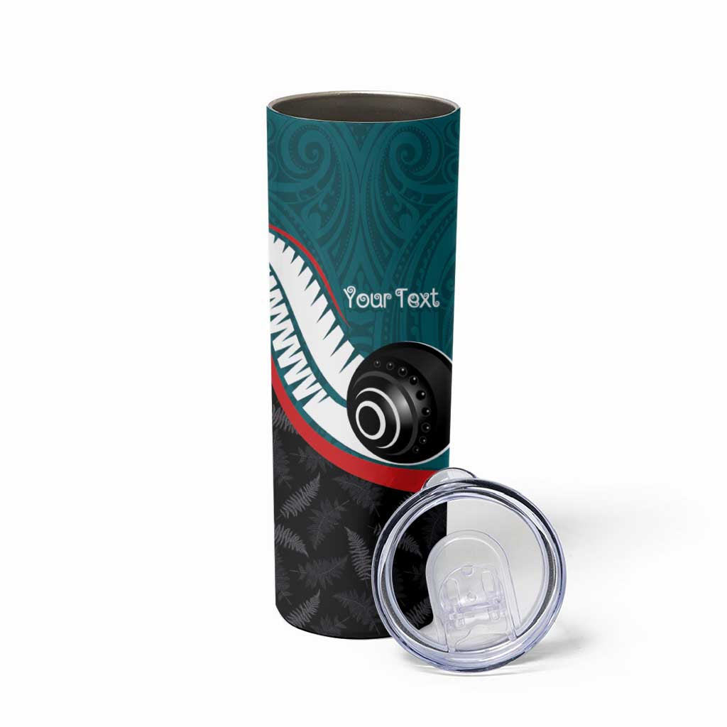Personalised Aotearoa Lawn Bowls Skinny Tumbler Maori and Silver Fern Sporty Style Teal Color LT03 - Polynesian Pride