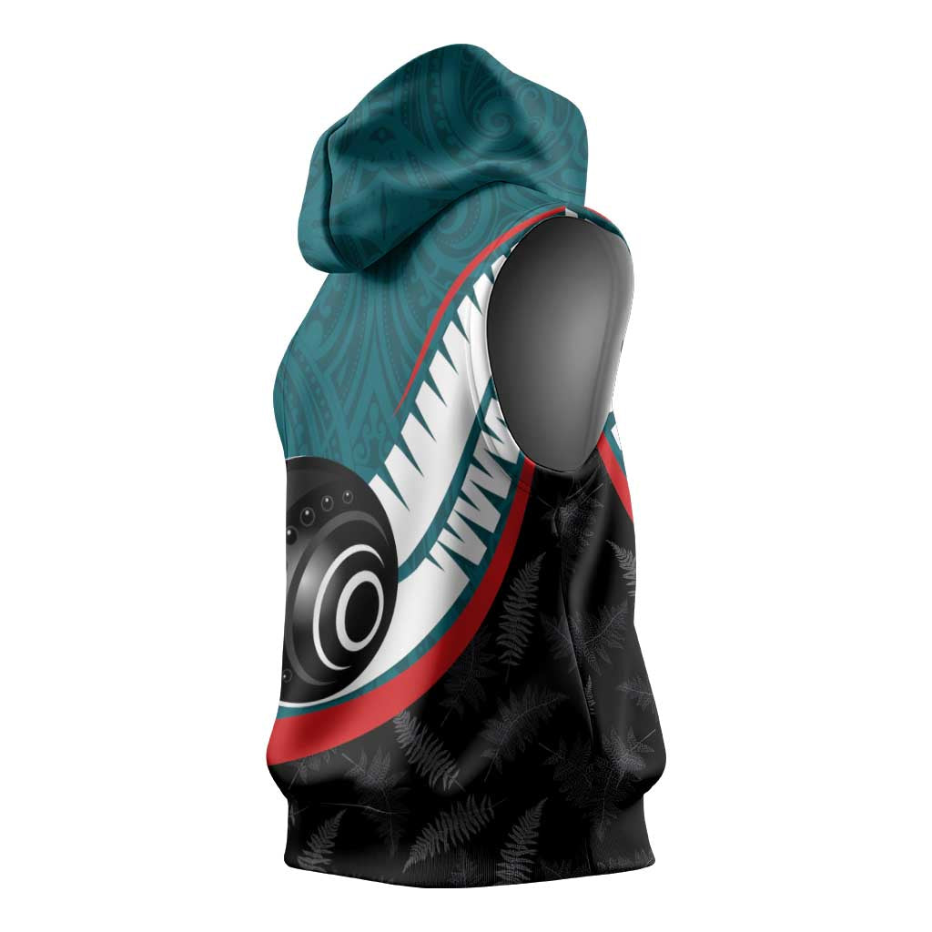 Personalised Aotearoa Lawn Bowls Sleeveless Hoodie Maori and Silver Fern Sporty Style Teal Color LT03 - Polynesian Pride