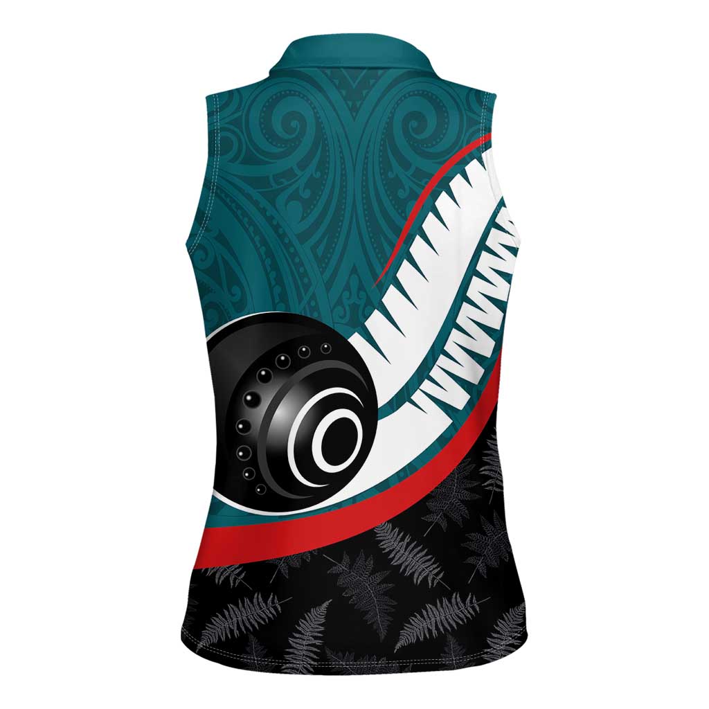 Personalised Aotearoa Lawn Bowls Women Sleeveless Polo Shirt Maori and Silver Fern Sporty Style Teal Color LT03 - Polynesian Pride