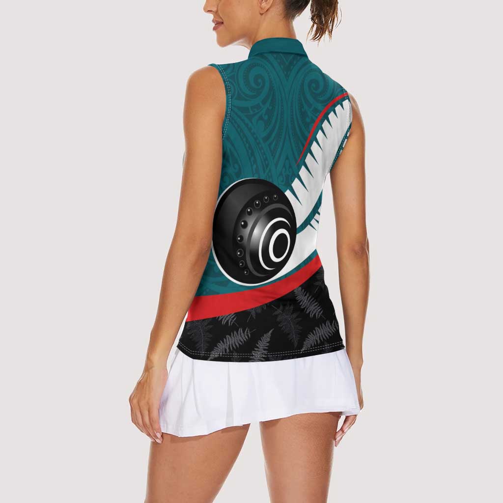 Personalised Aotearoa Lawn Bowls Women Sleeveless Polo Shirt Maori and Silver Fern Sporty Style Teal Color LT03 - Polynesian Pride