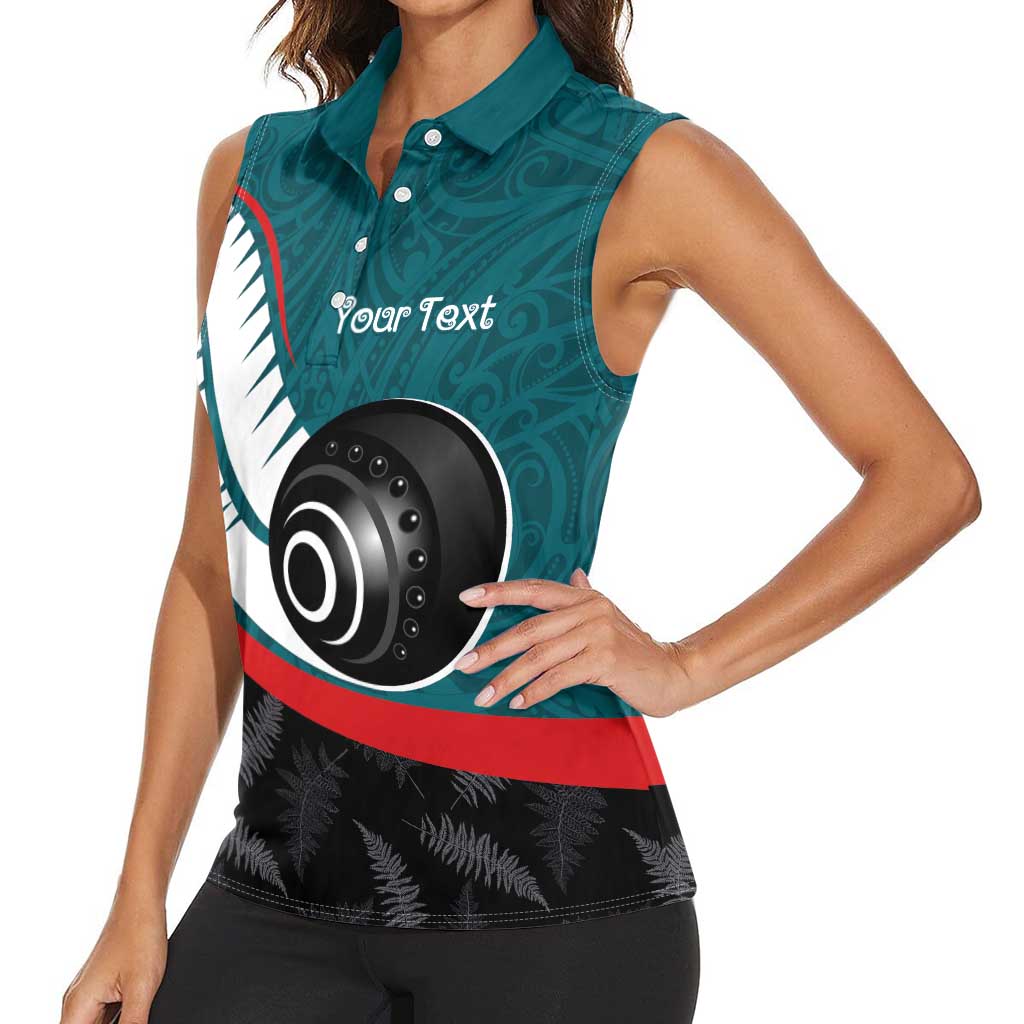 Personalised Aotearoa Lawn Bowls Women Sleeveless Polo Shirt Maori and Silver Fern Sporty Style Teal Color LT03 - Polynesian Pride