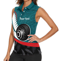 Personalised Aotearoa Lawn Bowls Women Sleeveless Polo Shirt Maori and Silver Fern Sporty Style Teal Color LT03 - Polynesian Pride