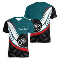 Personalised Aotearoa Lawn Bowls Women V-Neck T-Shirt Maori and Silver Fern Sporty Style Teal Color LT03 - Polynesian Pride