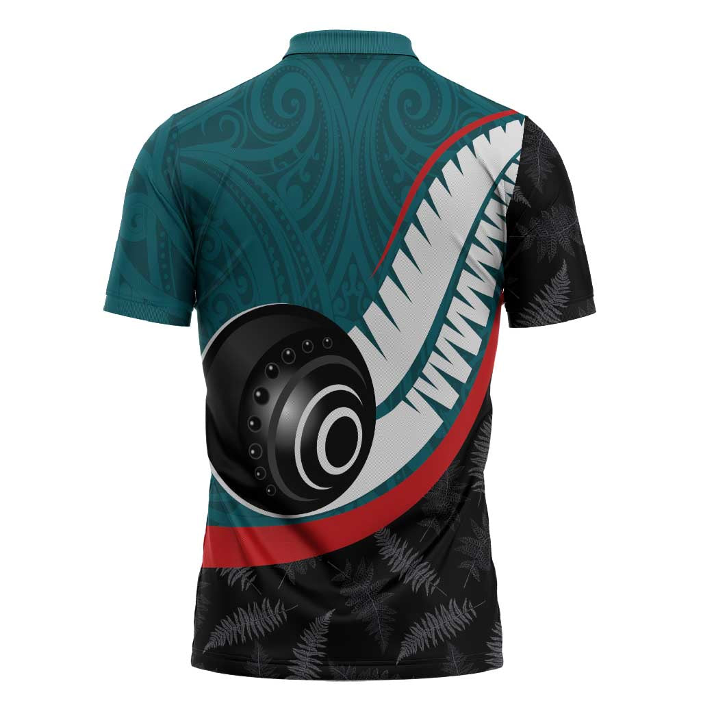 Personalised Aotearoa Lawn Bowls Zipper Polo Shirt Maori and Silver Fern Sporty Style Teal Color LT03 - Polynesian Pride