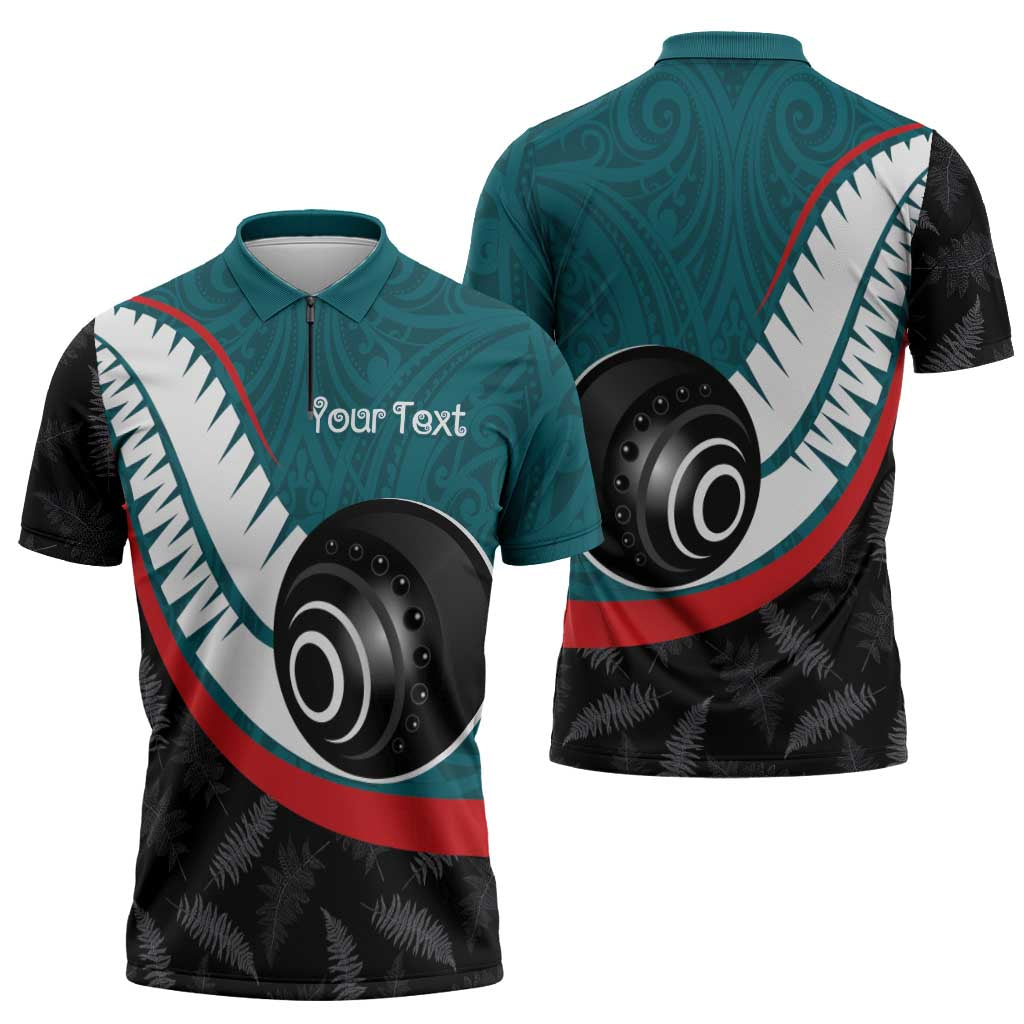 Personalised Aotearoa Lawn Bowls Zipper Polo Shirt Maori and Silver Fern Sporty Style Teal Color LT03 - Polynesian Pride