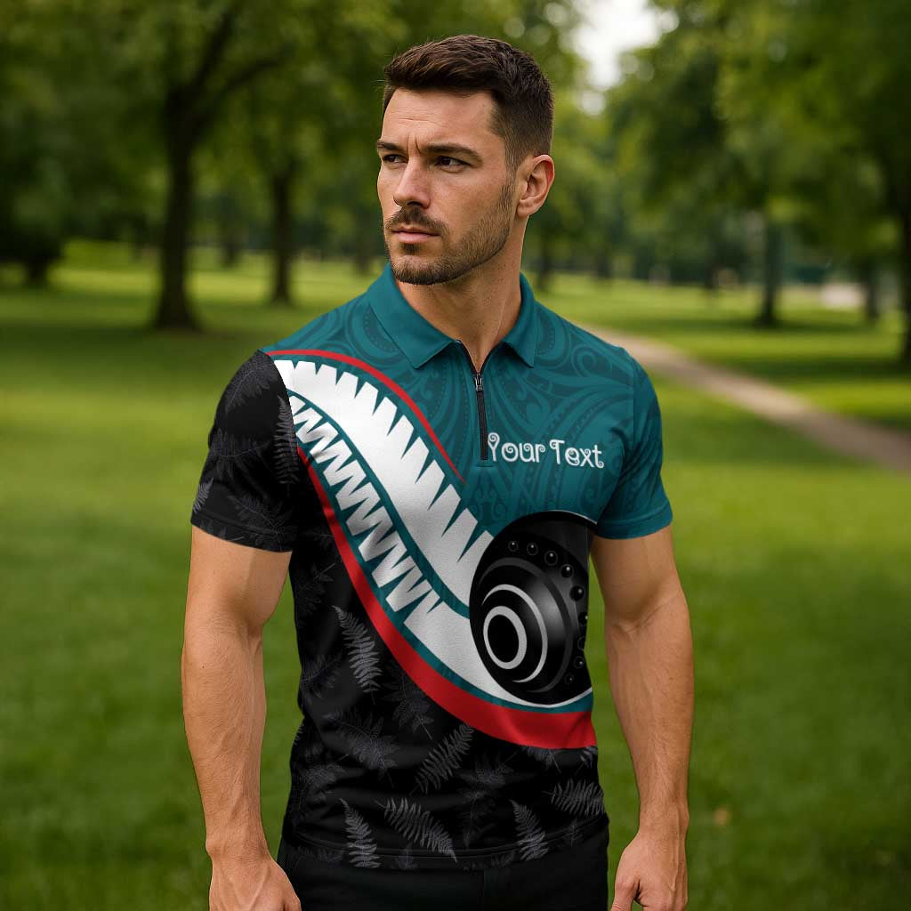 Personalised Aotearoa Lawn Bowls Zipper Polo Shirt Maori and Silver Fern Sporty Style Teal Color LT03 - Polynesian Pride