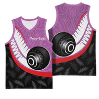 Personalised Aotearoa Lawn Bowls Basketball Jersey Maori and Silver Fern Sporty Style Pink Color LT03 - Polynesian Pride