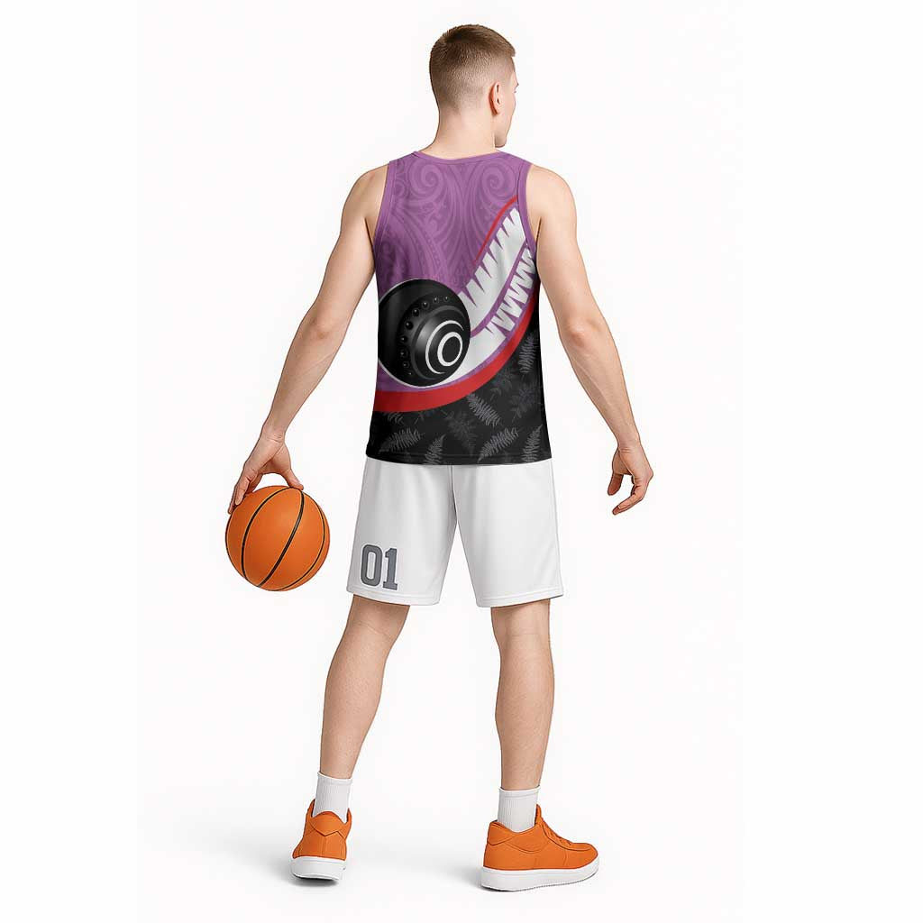 Personalised Aotearoa Lawn Bowls Basketball Jersey Maori and Silver Fern Sporty Style Pink Color LT03 - Polynesian Pride