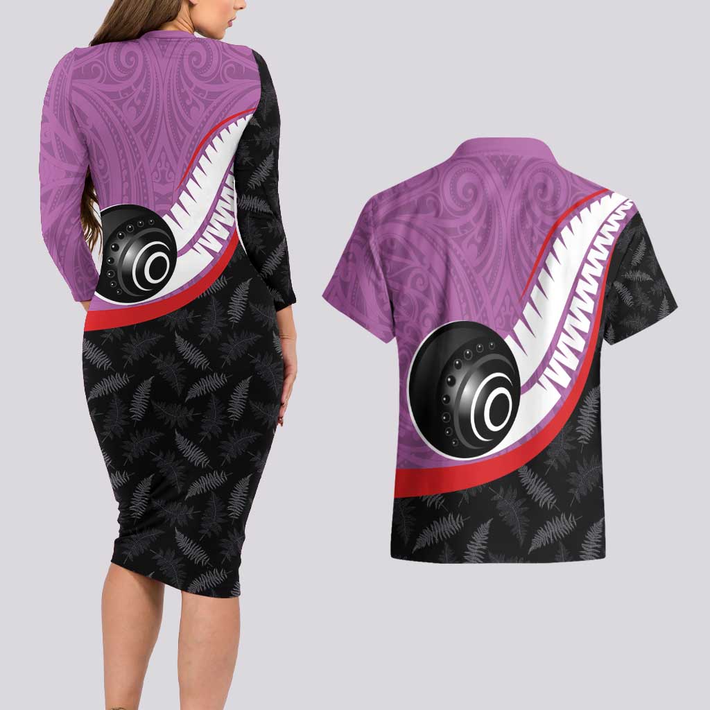 Personalised Aotearoa Lawn Bowls Couples Matching Long Sleeve Bodycon Dress and Hawaiian Shirt Maori and Silver Fern Sporty Style Pink Color LT03 - Polynesian Pride