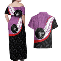 Personalised Aotearoa Lawn Bowls Couples Matching Off Shoulder Maxi Dress and Hawaiian Shirt Maori and Silver Fern Sporty Style Pink Color LT03 - Polynesian Pride