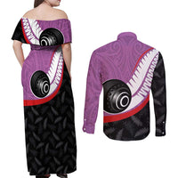 Personalised Aotearoa Lawn Bowls Couples Matching Off Shoulder Maxi Dress and Long Sleeve Button Shirt Maori and Silver Fern Sporty Style Pink Color LT03 - Polynesian Pride
