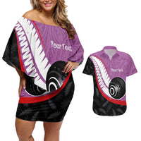 Personalised Aotearoa Lawn Bowls Couples Matching Off Shoulder Short Dress and Hawaiian Shirt Maori and Silver Fern Sporty Style Pink Color LT03 Pink - Polynesian Pride
