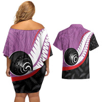 Personalised Aotearoa Lawn Bowls Couples Matching Off Shoulder Short Dress and Hawaiian Shirt Maori and Silver Fern Sporty Style Pink Color LT03 - Polynesian Pride