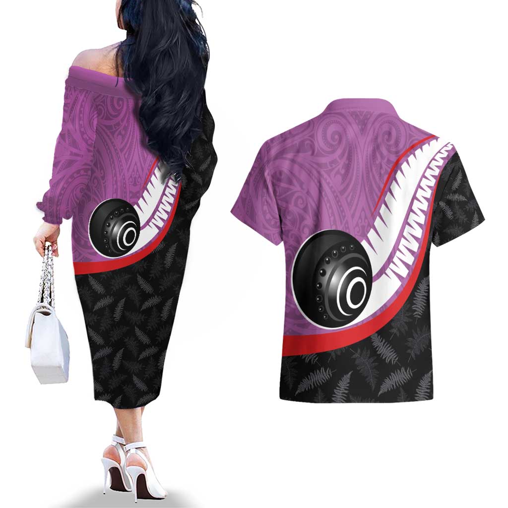 Personalised Aotearoa Lawn Bowls Couples Matching Off The Shoulder Long Sleeve Dress and Hawaiian Shirt Maori and Silver Fern Sporty Style Pink Color LT03 - Polynesian Pride