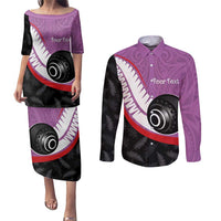 Personalised Aotearoa Lawn Bowls Couples Matching Puletasi and Long Sleeve Button Shirt Maori and Silver Fern Sporty Style Pink Color LT03 Pink - Polynesian Pride