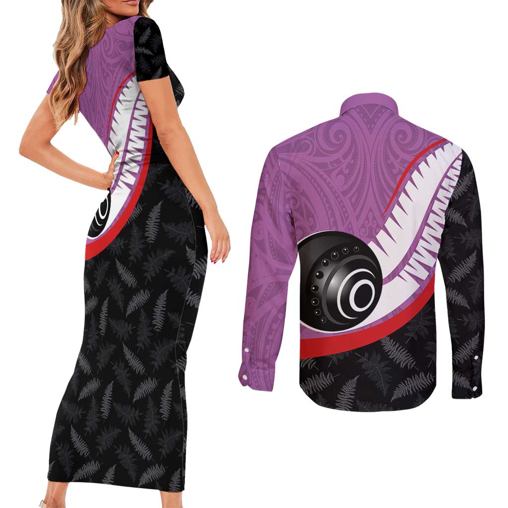 Personalised Aotearoa Lawn Bowls Couples Matching Short Sleeve Bodycon Dress and Long Sleeve Button Shirt Maori and Silver Fern Sporty Style Pink Color LT03 - Polynesian Pride