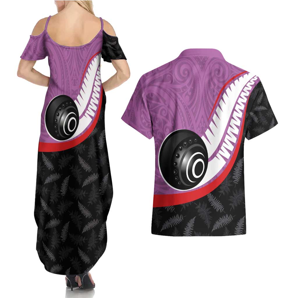 Personalised Aotearoa Lawn Bowls Couples Matching Summer Maxi Dress and Hawaiian Shirt Maori and Silver Fern Sporty Style Pink Color LT03 - Polynesian Pride