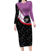 Personalised Aotearoa Lawn Bowls Family Matching Long Sleeve Bodycon Dress and Hawaiian Shirt Maori and Silver Fern Sporty Style Pink Color LT03 Mom's Dress Pink - Polynesian Pride