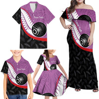 Personalised Aotearoa Lawn Bowls Family Matching Off Shoulder Maxi Dress and Hawaiian Shirt Maori and Silver Fern Sporty Style Pink Color LT03 - Polynesian Pride