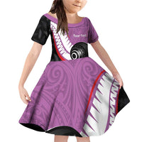 Personalised Aotearoa Lawn Bowls Family Matching Off Shoulder Short Dress and Hawaiian Shirt Maori and Silver Fern Sporty Style Pink Color LT03 Daughter's Dress Pink - Polynesian Pride