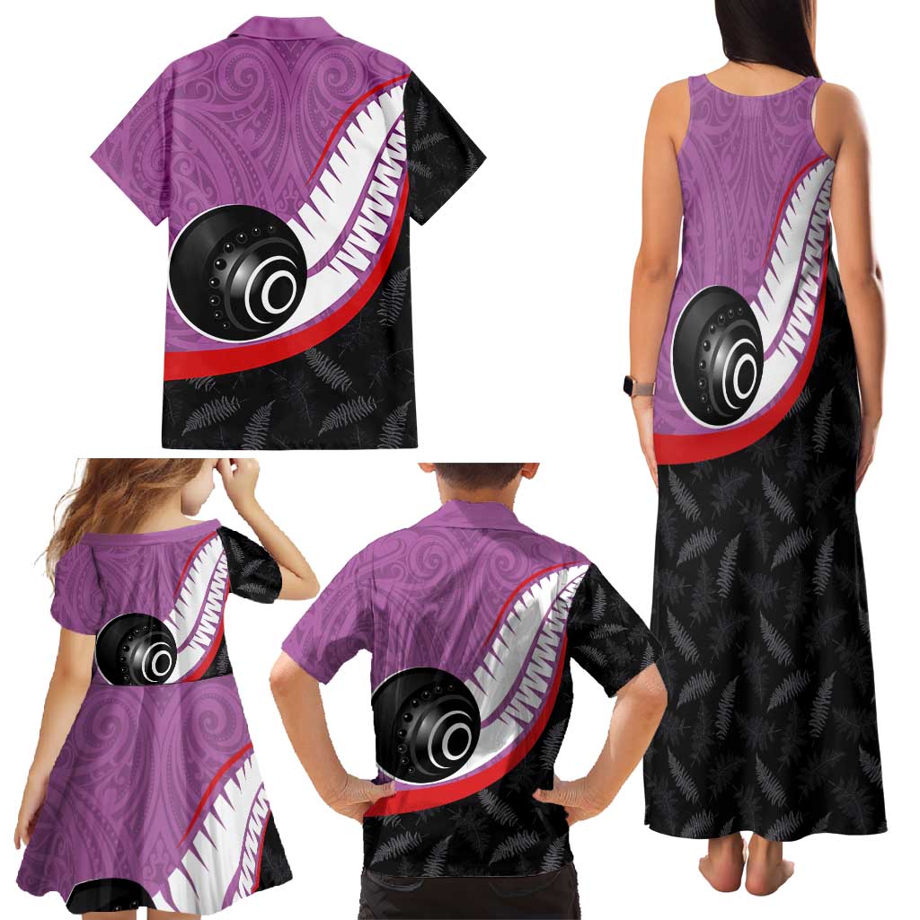 Personalised Aotearoa Lawn Bowls Family Matching Tank Maxi Dress and Hawaiian Shirt Maori and Silver Fern Sporty Style Pink Color LT03 - Polynesian Pride