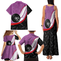 Personalised Aotearoa Lawn Bowls Family Matching Tank Maxi Dress and Hawaiian Shirt Maori and Silver Fern Sporty Style Pink Color LT03 - Polynesian Pride